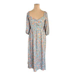 Piper & Scoot Light Blue & Orange Puff Sleeve Floral Dress Sz S